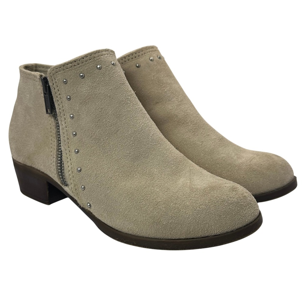 Minnetonka Womens Tan Suede Studded Ankle Booties Side Zip Low Block Heel Boot 7